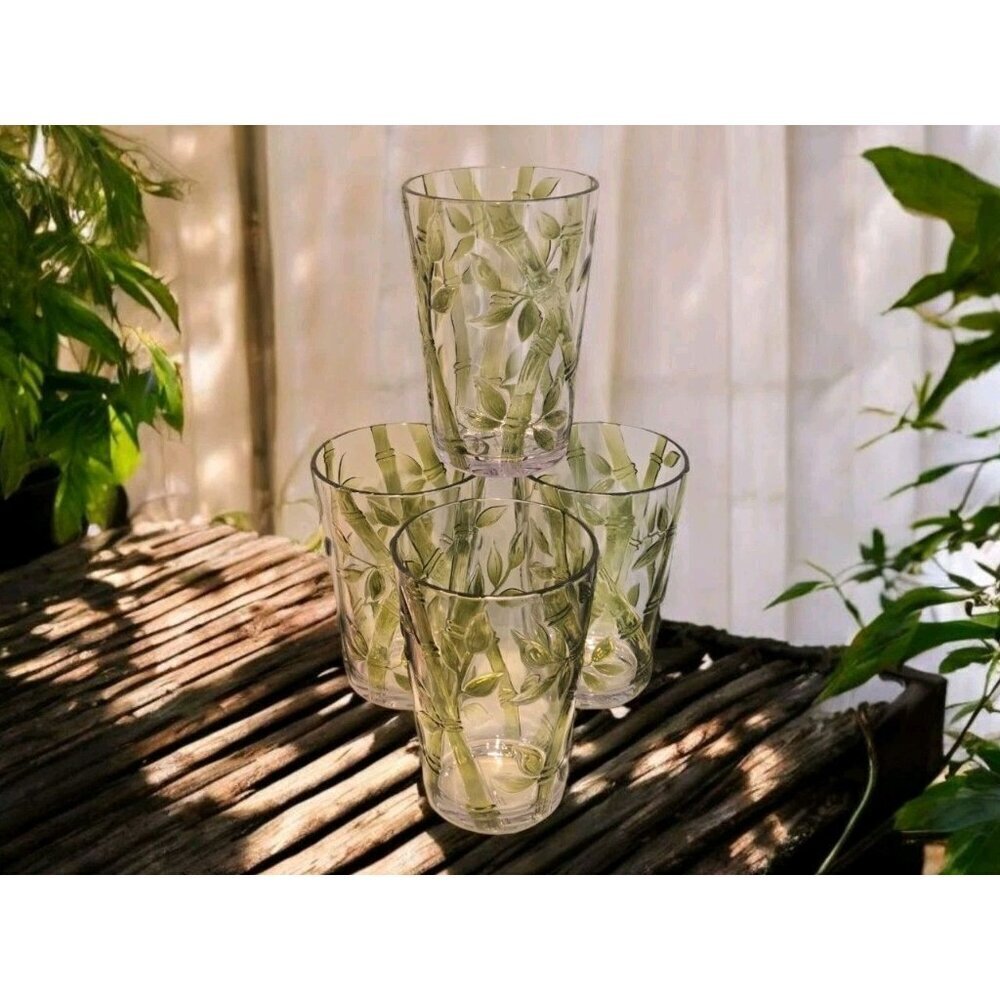 4 New Green Plastic Indoor / Outdoor Bamboo Leaf Jungle Party Beverage Cups Set